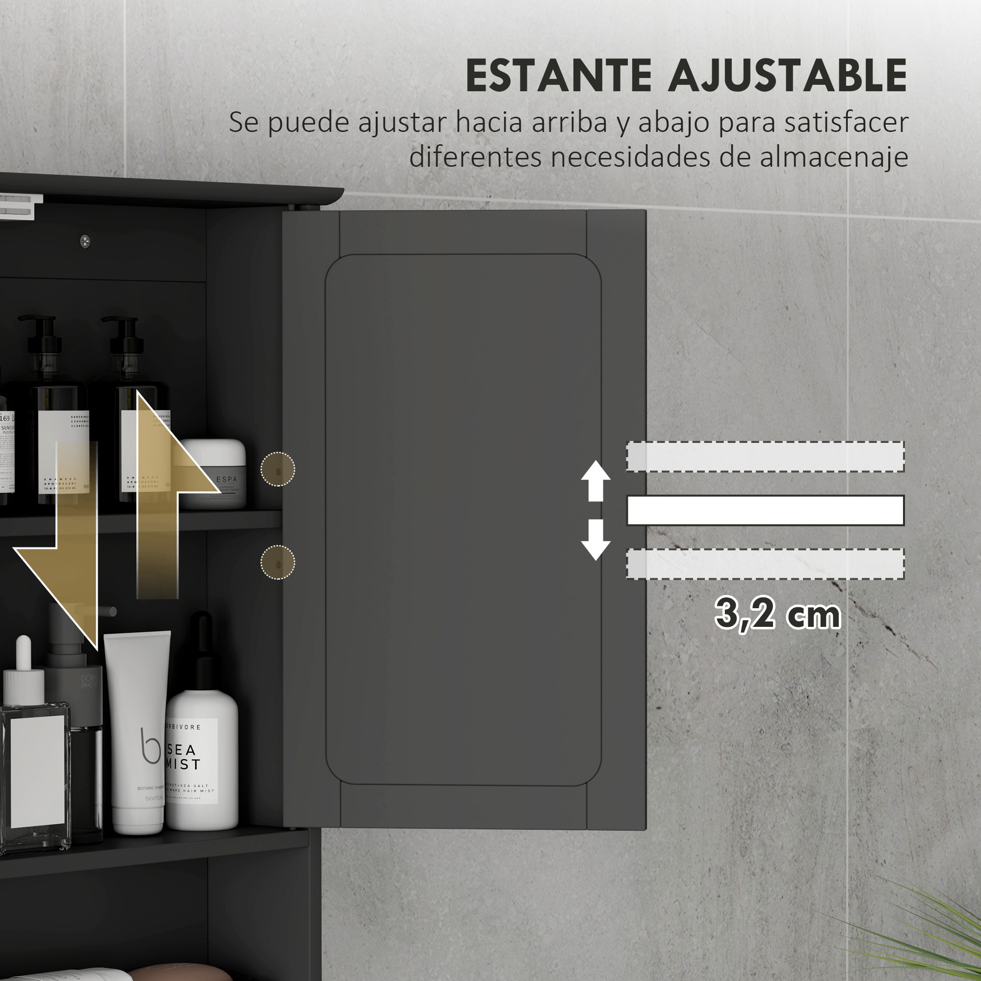 Armario de Baño con Espejo, Armario de Pared con 2 Puertas, Estante Abierto, Estante Ajustable, Mueble de Baño Colgar para Cocina, Salón, 56x13x58 cm, Negro