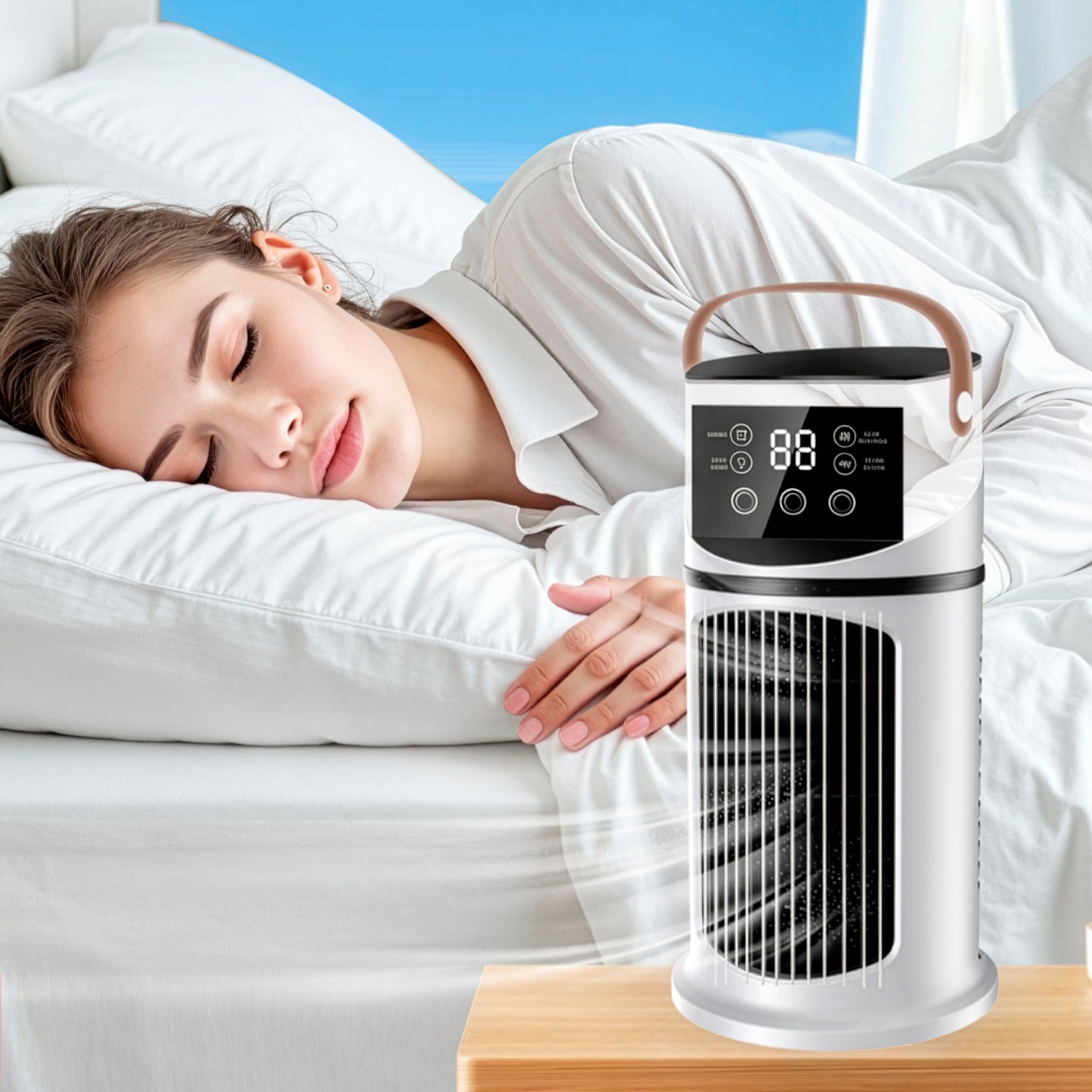 Ventilador sin aspas BDL-901E. Con función de nebulización, 6 velocidades y temporizador de hasta 8 horas. Depósito de 500 ml y luz ambiental de 7 colores.