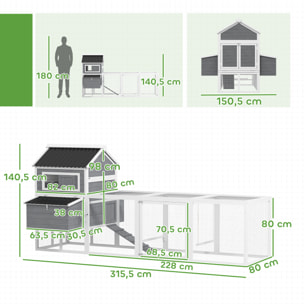 Gallinero para Exterior Gallinero de Madera Jaula Grande para 10-15 Gallinas con Columpio Perchas Bandeja Extraíble y Rampa 315,5x150,5x140,5 cm Gris