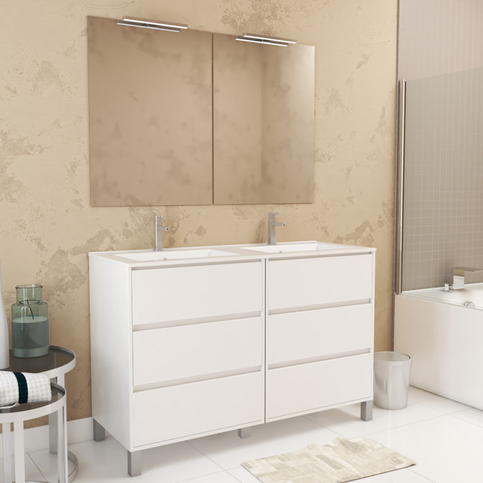 Meuble Salle de Bains 120 cm Laqué Blanc 6 Tiroirs, Vasque, Miroirs 60x80 et Réglettes Led - XENOS