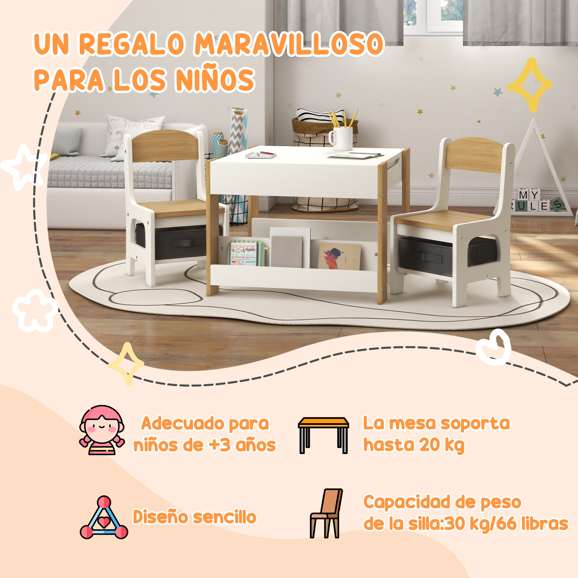 Juego de Mesa y 2 Sillas Infantiles Mesa con Sillas para Niños 2 en 1 con Pizarra Cajones de Tela y Espacio de Almacenamiento para Guardería Sala de Juegos Blanco y Natural
