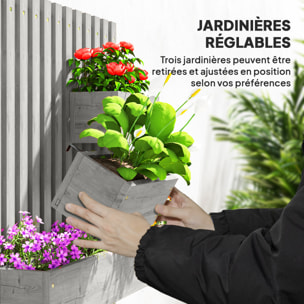 Jardinière murale avec treillis - lot de 3 jardinières murales - dim. 60L x 16l x 80H cm - bois sapin gris