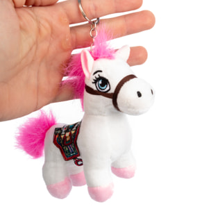 Peluches extra morbido e peloso con ciondolo. Design pony con sella. 12 cm.