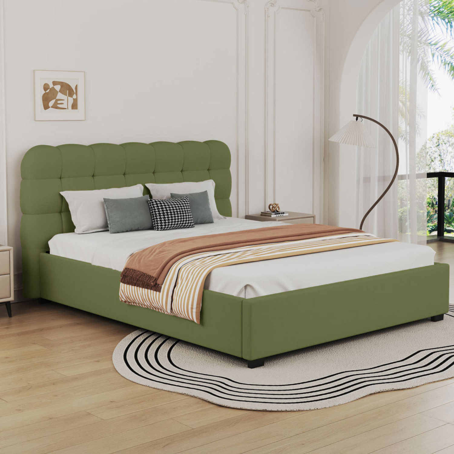 JUNEAU Lit nuage avec coffre de rangement 160x200cm en velours vert
