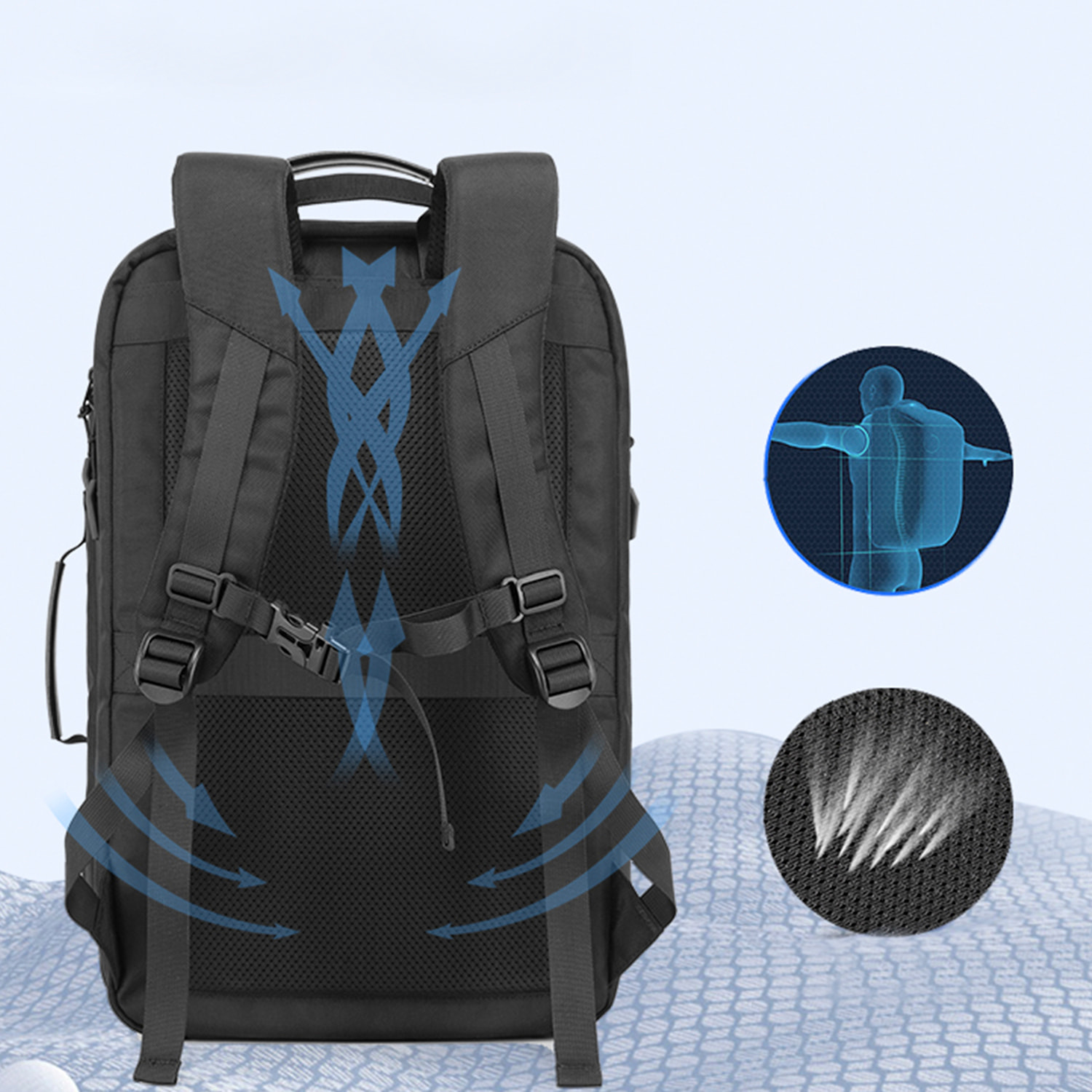 Mochila expandible 30L/45L multi compartimento con capa impermeable. Toma exterior USB. Laptop 17" + Tablet 9,7".
