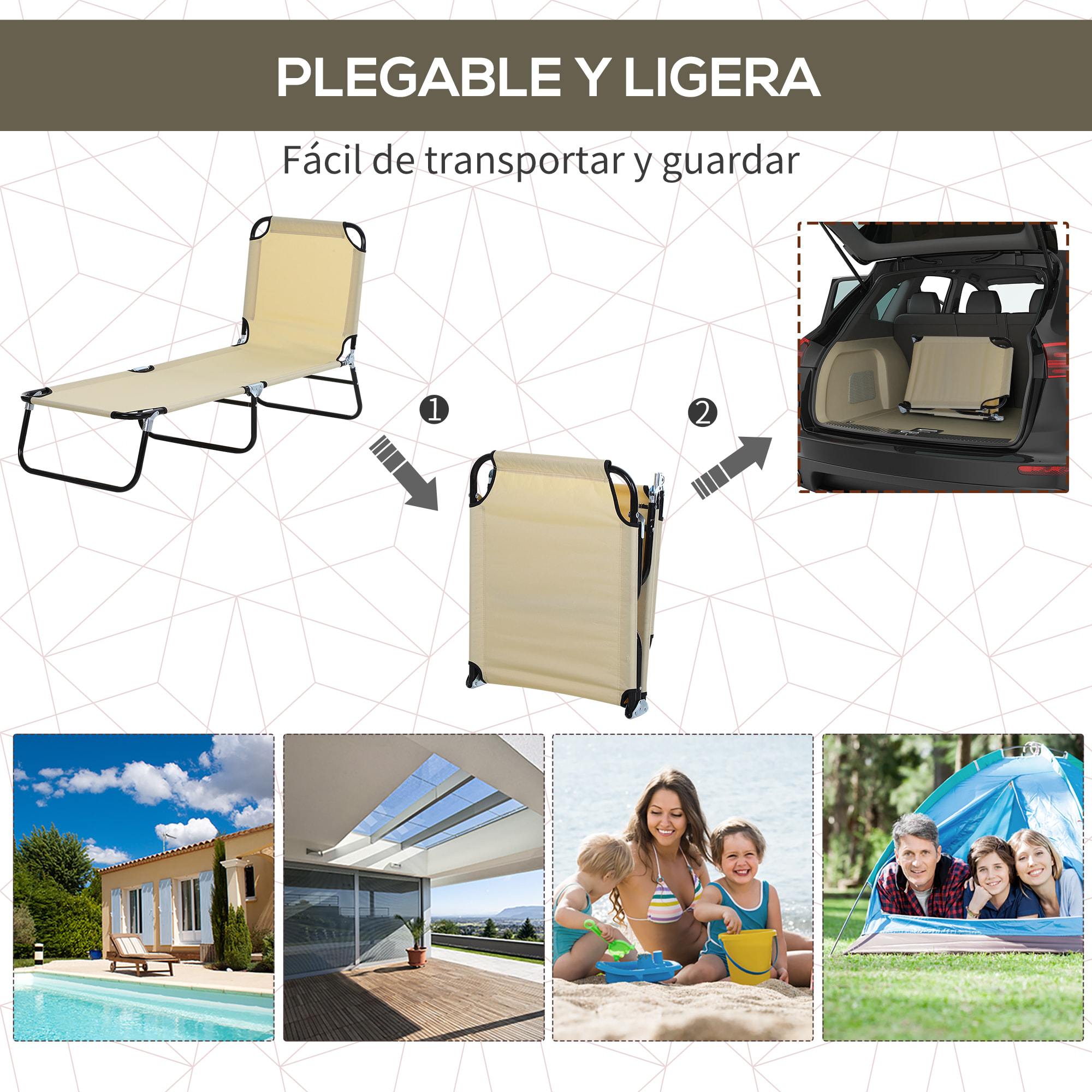 Conjunto de 2 Tumbonas Plegables Tumbonas de Jardín Reclinables con Respaldo Ajustable en 5 Niveles Carga 120 kg para Terraza Piscina 188x56x28 cm Beige