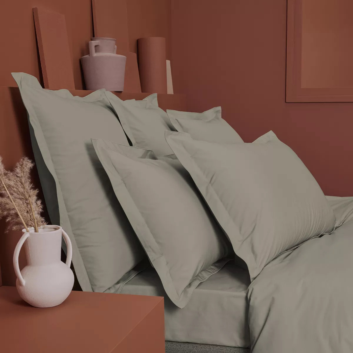 Drap housse duo percale de coton uni brun Olana pin