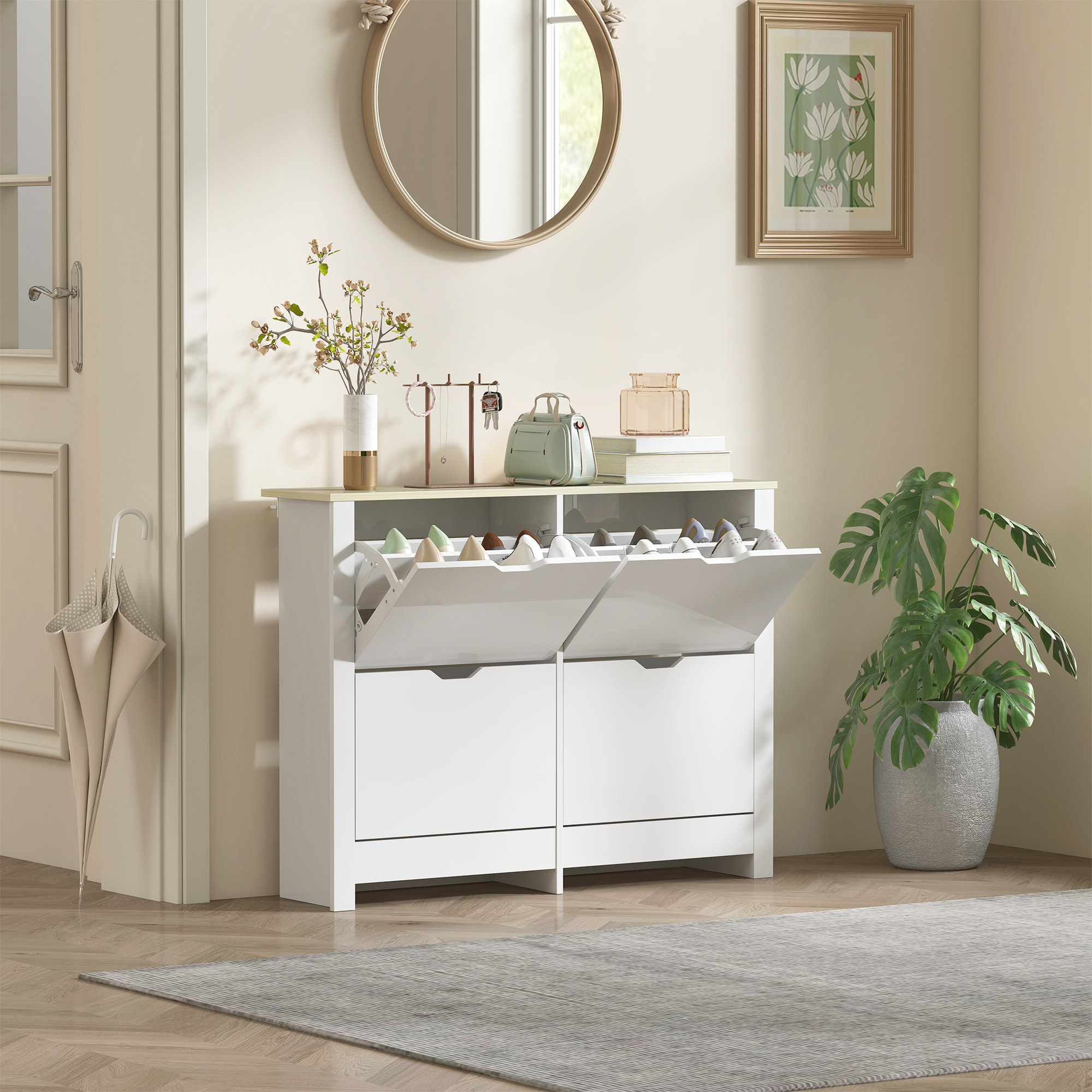 Armoire à chaussures 4 portes abattantes 2 compartiments panneaux particules blanc chêne