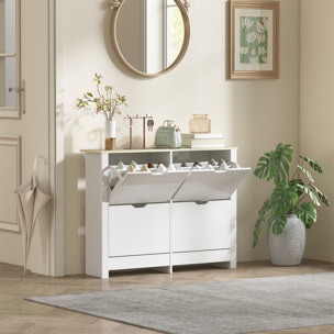 Armoire à chaussures 4 portes abattantes 2 compartiments panneaux particules blanc chêne