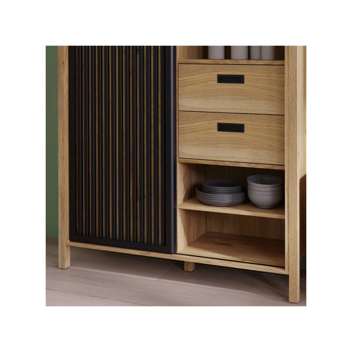 Armoirette L103cm 1 porte 2 tiroirs décor bois chêne et noir - BOSTON
