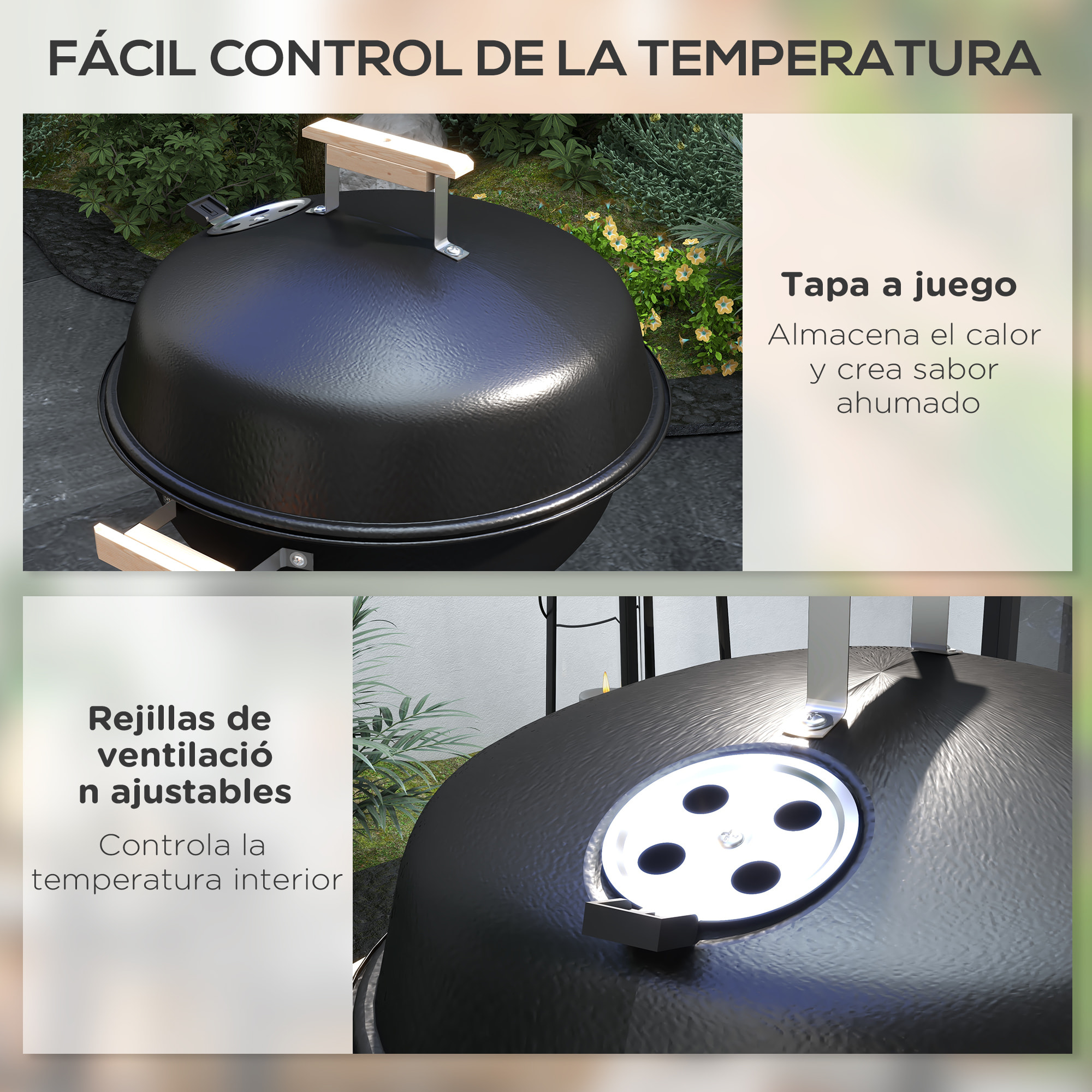 Barbacoa de Carbón Vegetal con Ruedas Parilla de Carbón BBQ Portátil Tapa y Tazón Esmaltados Mangos de Madera 48x56x94 cm para Jardín Exterior Picnic Acampada
