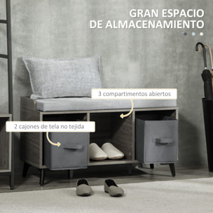 Banco Zapatero Tapizado Mueble Zapatero con Banco con 3 Compartimentos Abiertos y 2 Cajones de Tela para Entrada Pasillo Carga 150 kg 90x34x48 cm Gris