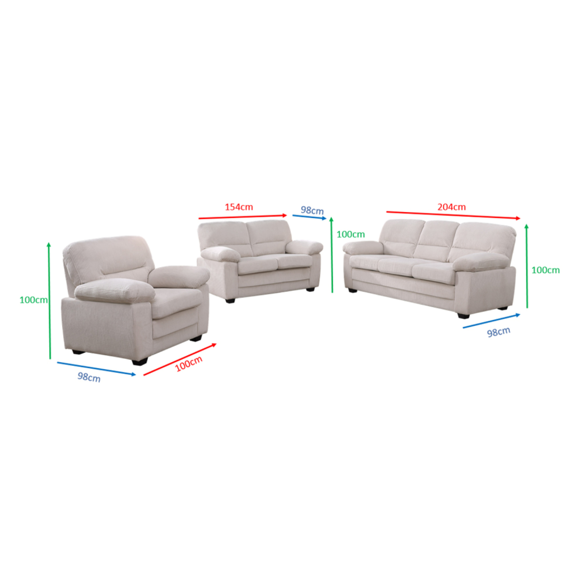 Canapé 3 places + 2 places + fauteuil en velours côtelé beige MATHEW