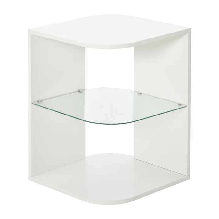 HOMCOM Mesita Auxiliar de Salón Moderna Mesilla de Noche con 3 Estantes Tablero de Cristal Mesita de Café para Sala de Estar Dormitorio 40x40x56 cm Blanco