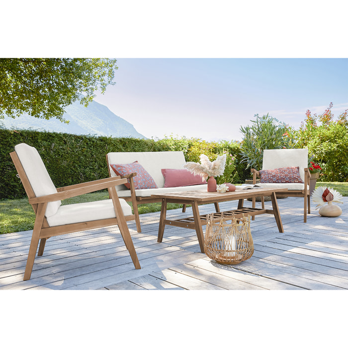 Salon de jardin en bois massif avec coussins déhoussables beige naturel TIAGA