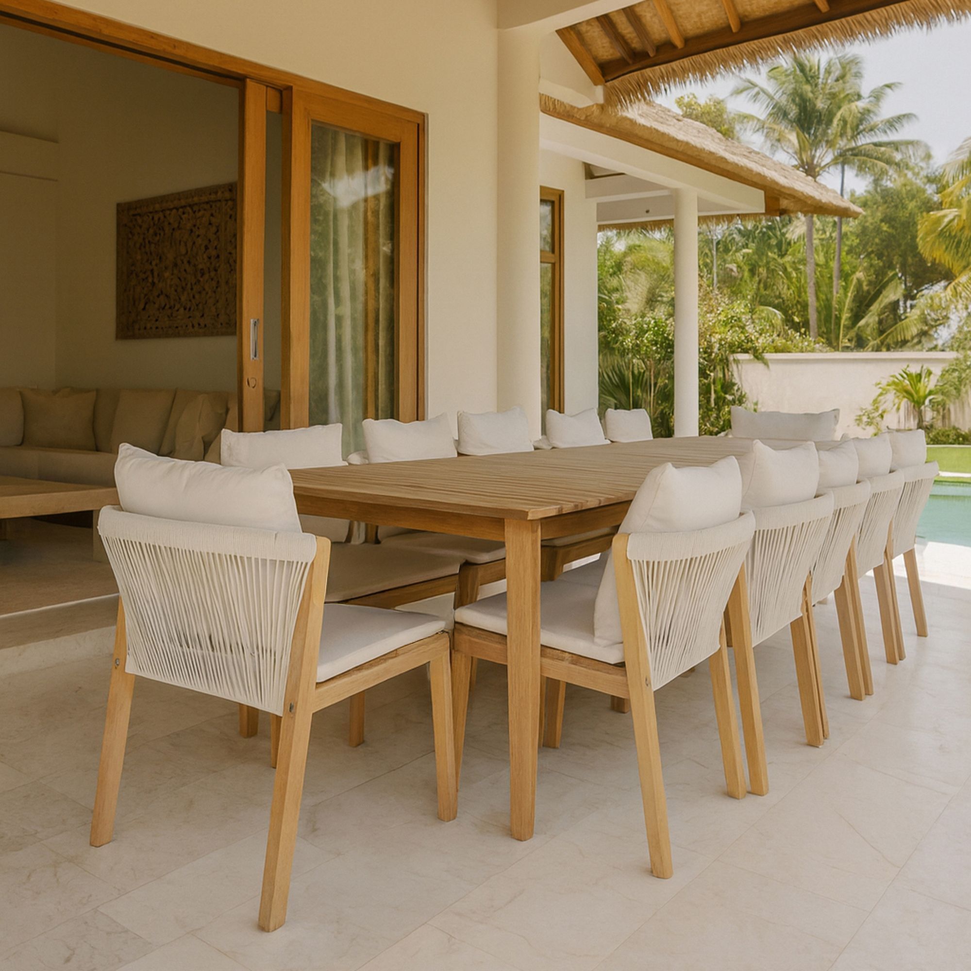 Ensemble table et 10 chaises de jardin en bois d'acacia avec coussin FIDJI