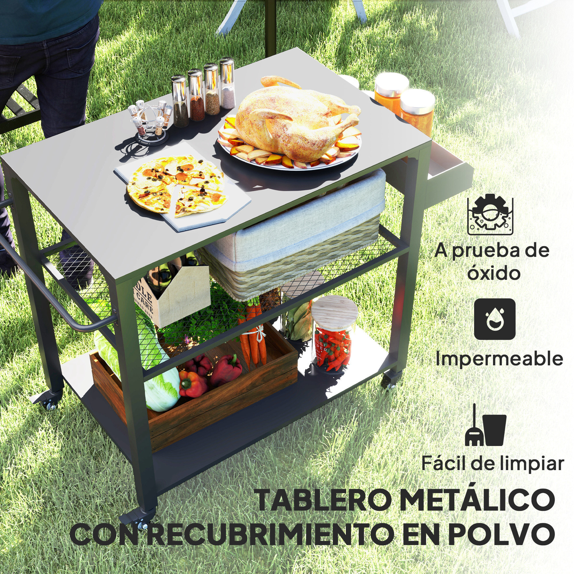 Carrito de Parrilla de 3 Niveles Carrito de Barbacoa Carrito de Servicio con 4 Ruedas Estantes y Asa Mesa de Horno de Pizza para Jardín Patio Negro