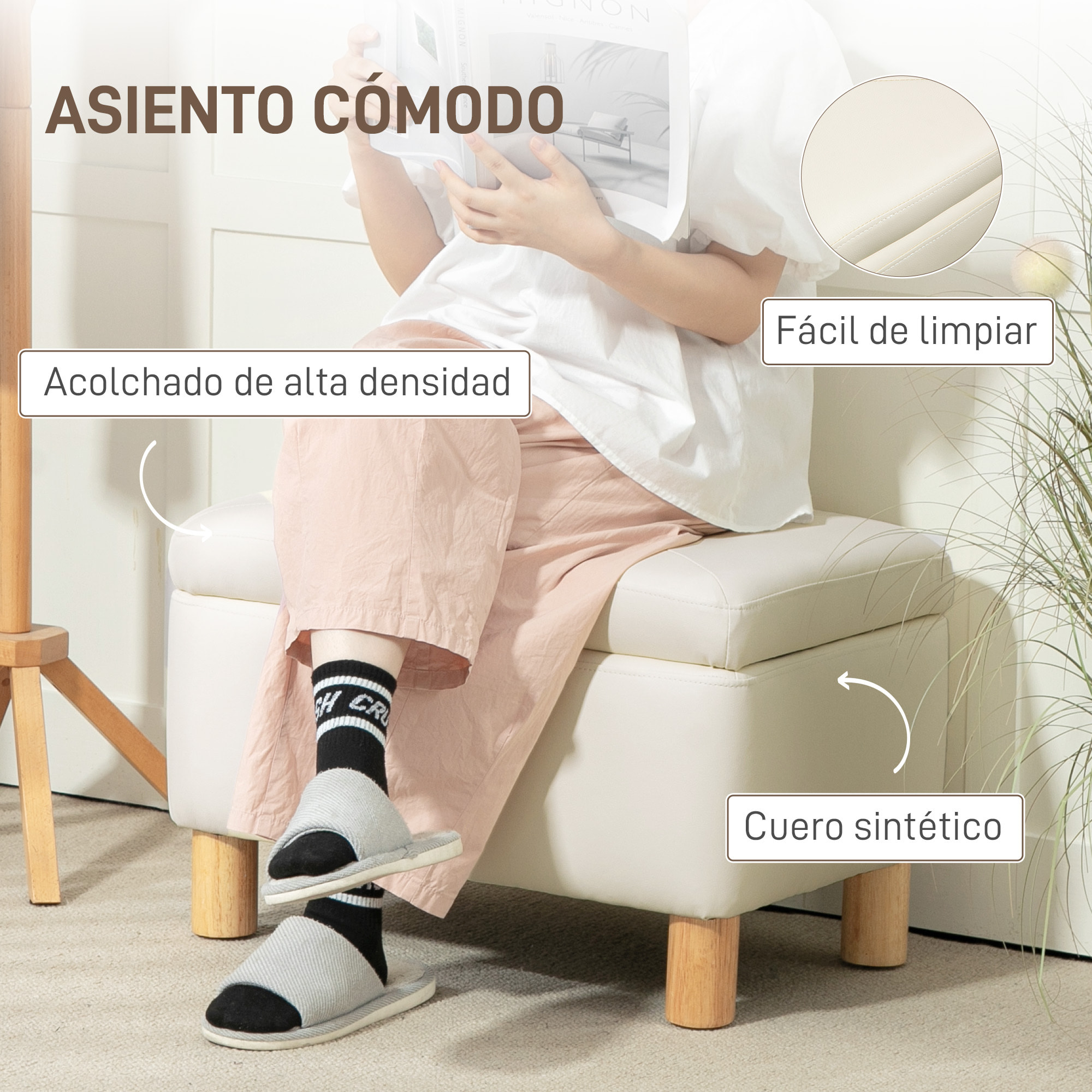 Baúl de Almacenaje para Dormitorio 33L Puff Almacenaje Tapizado en PU Banco de Almacenaje con Patas de Madera para Pasillo Salón 60x38x40 cm Crema