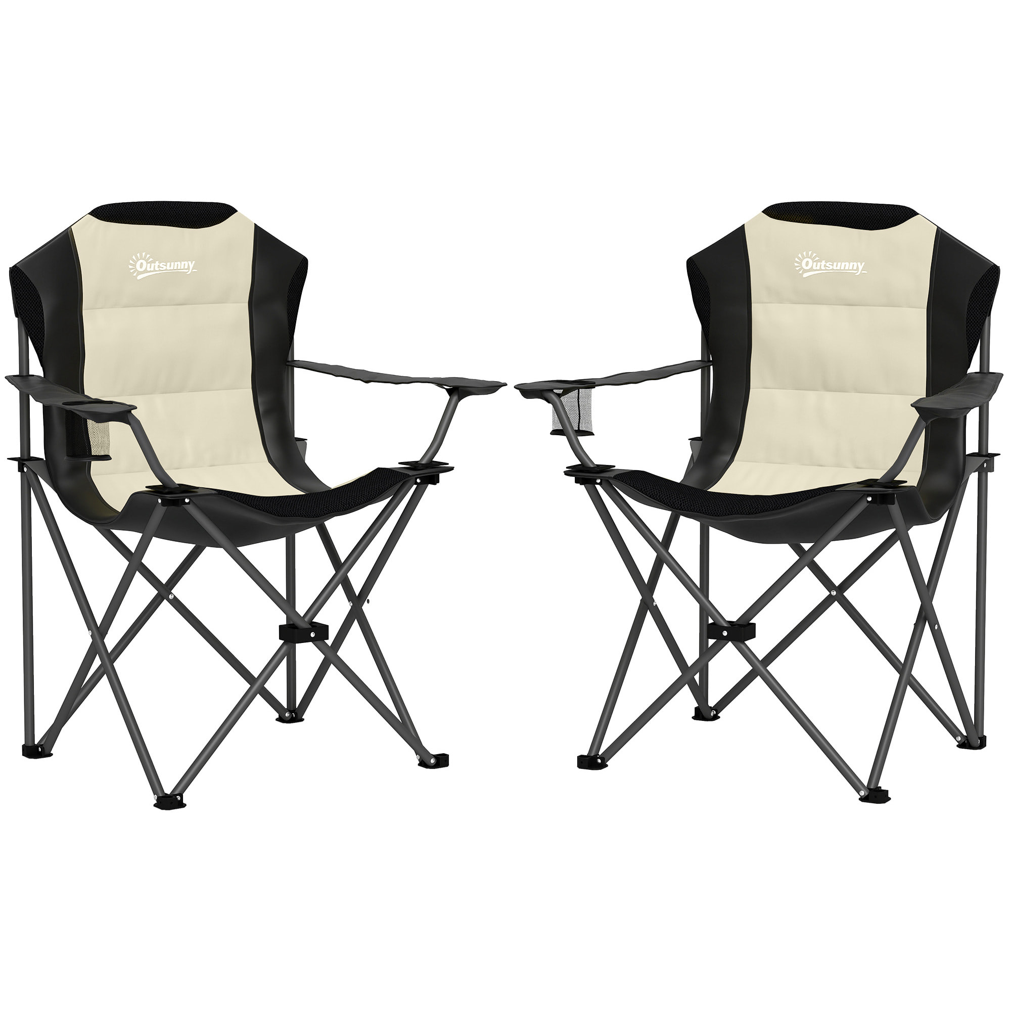 Conjunto de 2 Sillas Plegables Camping con Respaldo Alto Sillas de Camping Portátil Acolchado con Reposabrazos Portavasos y Bolsas de Transporte para Acampada Jardín Terraza Crema y Negro