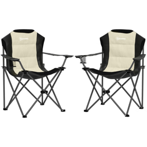 Conjunto de 2 Sillas Plegables Camping con Respaldo Alto Sillas de Camping Portátil Acolchado con Reposabrazos Portavasos y Bolsas de Transporte para Acampada Jardín Terraza Crema y Negro