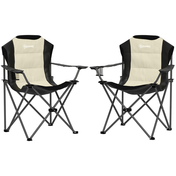 Conjunto de 2 Sillas Plegables Camping con Respaldo Alto Sillas de Camping Portátil Acolchado con Reposabrazos Portavasos y Bolsas de Transporte para Acampada Jardín Terraza Crema y Negro