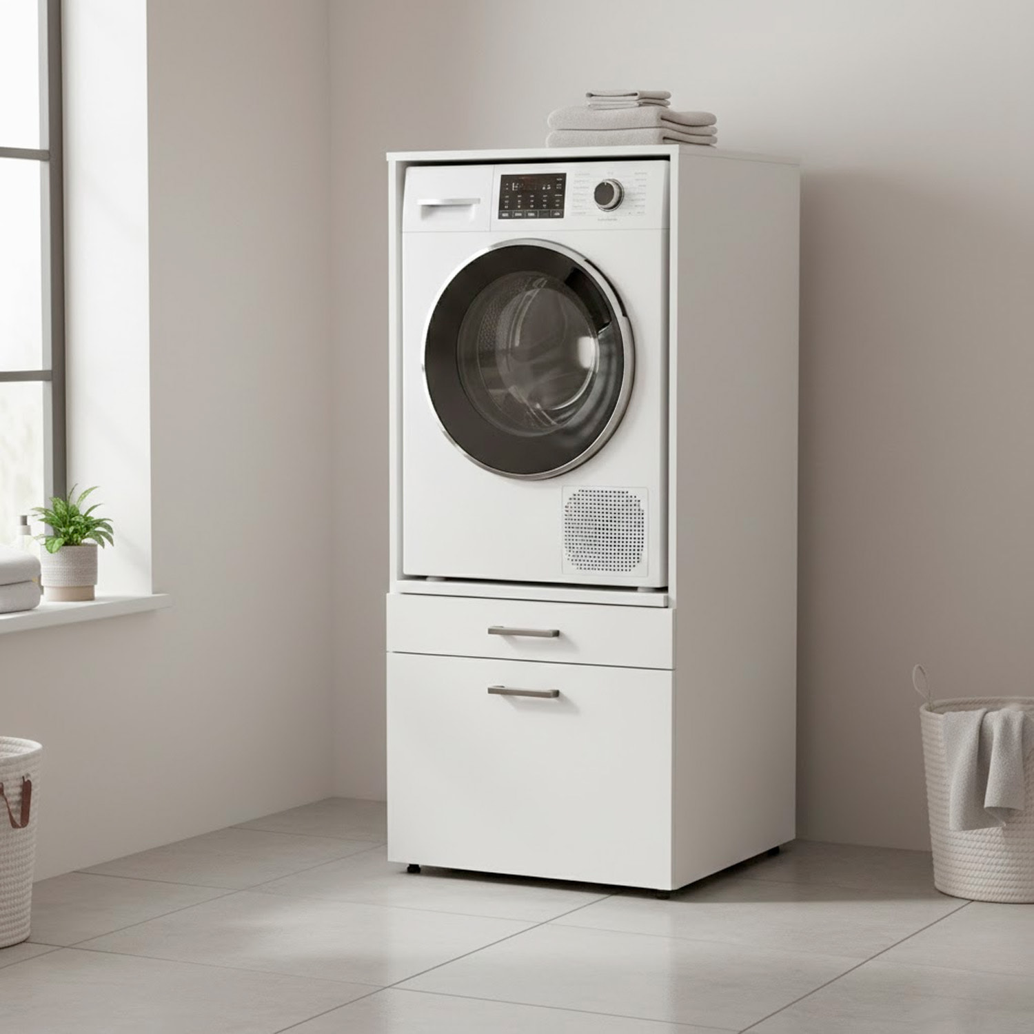 Mobile Lavatrice Con Cassettone Mensola Estraibile Mobiletto Lavanderia Asciugatrice Salvaspazio Con Vano Incasso Piano Appoggio 67×65×144 Cm Bianco