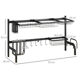 Égouttoir à vaiselle réglable - organiseur d'évier - 8 espaces de séchage - pieds ventouses - acier époxy noir