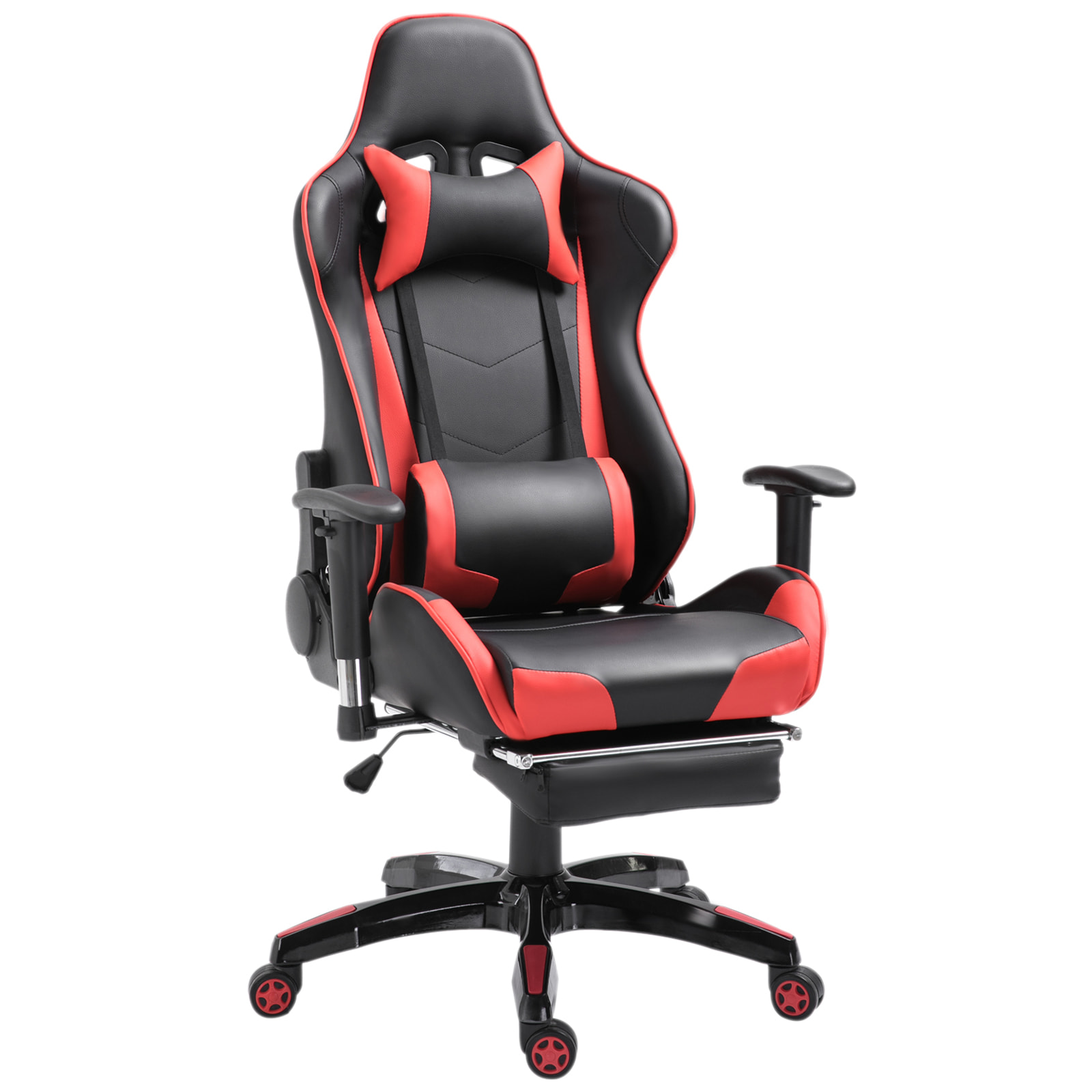 Chaise de bureau gaming style baquet racing pivotant inclinable réglable avec coussins repose-pieds synthétique noir rouge