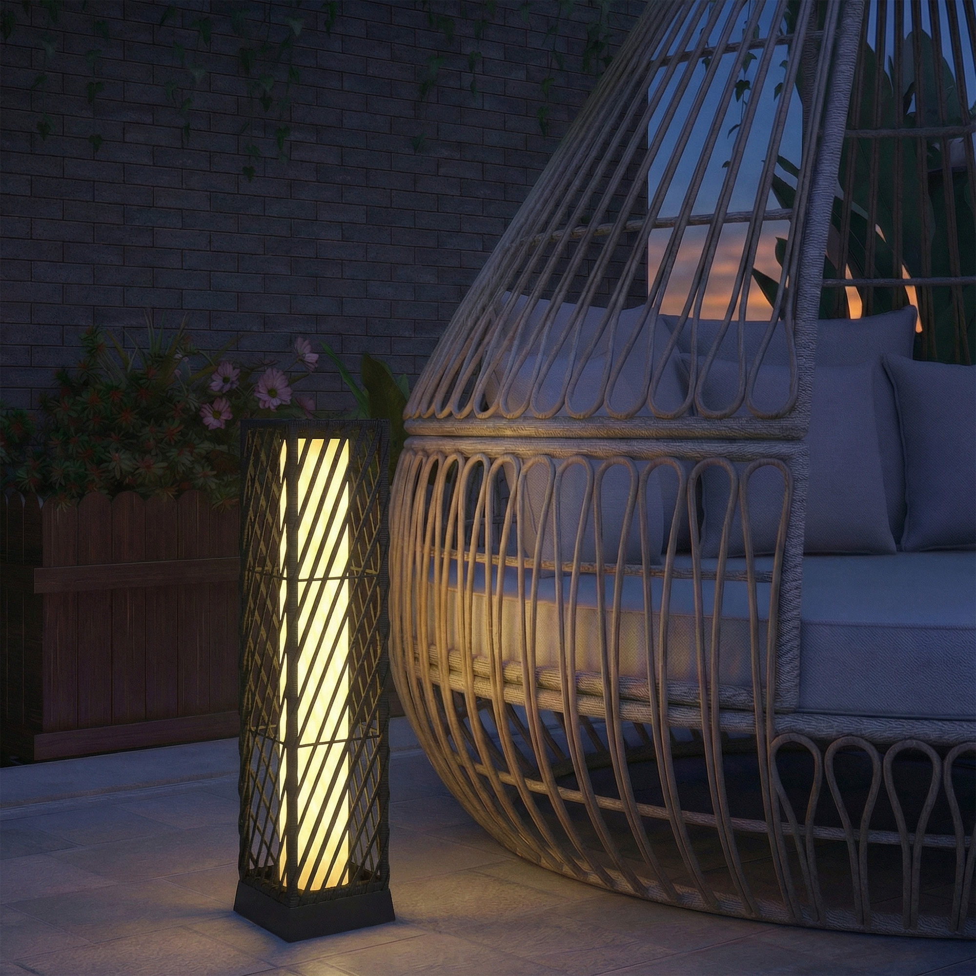 Linterna de Jardín de Ratán, Farola Solar Exterior con Luces LED Encendido y Apagado Automático, Impermeable, IP44, Lámpara de pie para Terraza, Balcón, Patio, 16x16x68 cm, Negro
