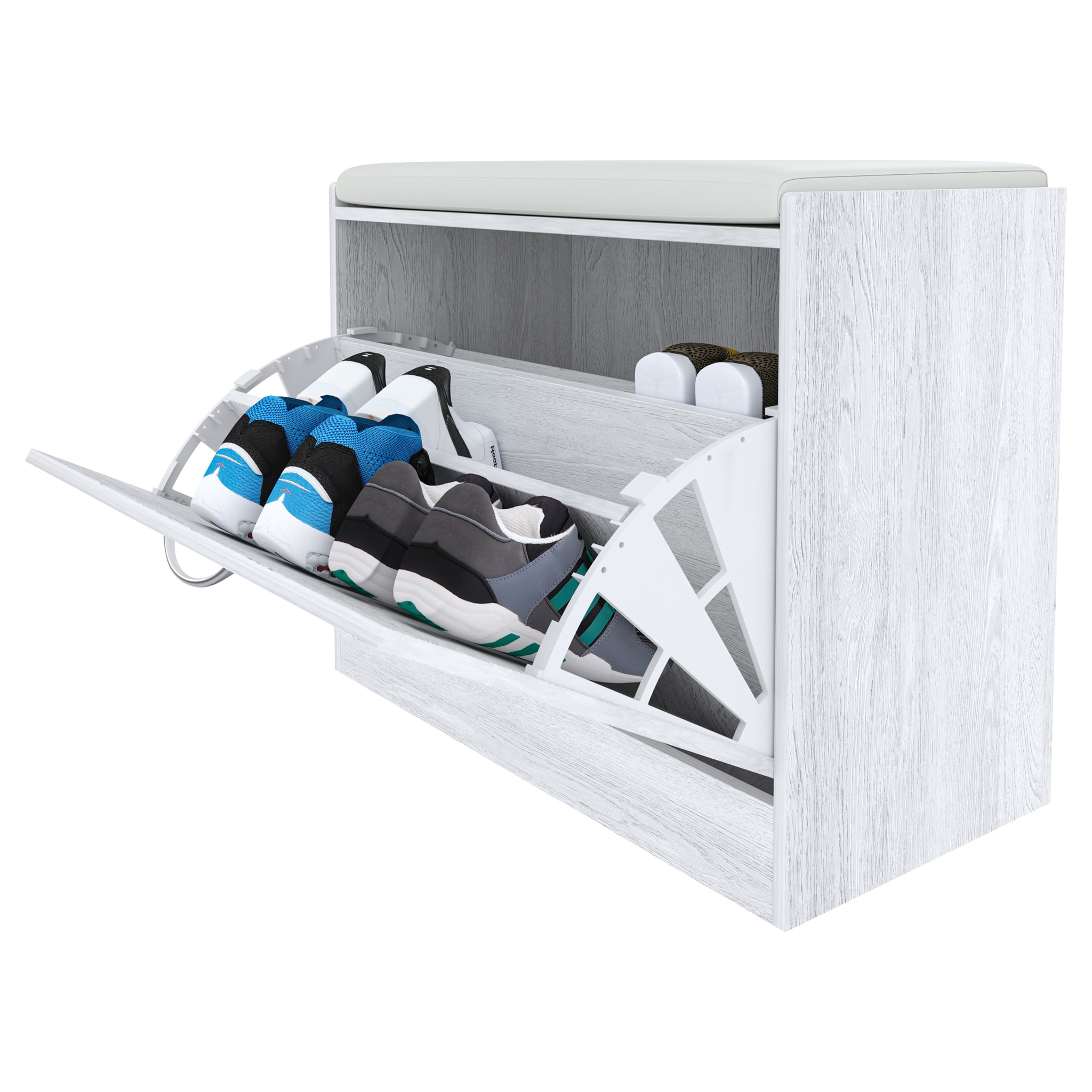 Panca Scarpiera Da Ingresso Salvaspazio Cuscino Anta Ribalta Seduta Imbottita In Ecopelle Soggiorno Casa Camera 60 x 30 x 48 Cm Bianco Frassinato