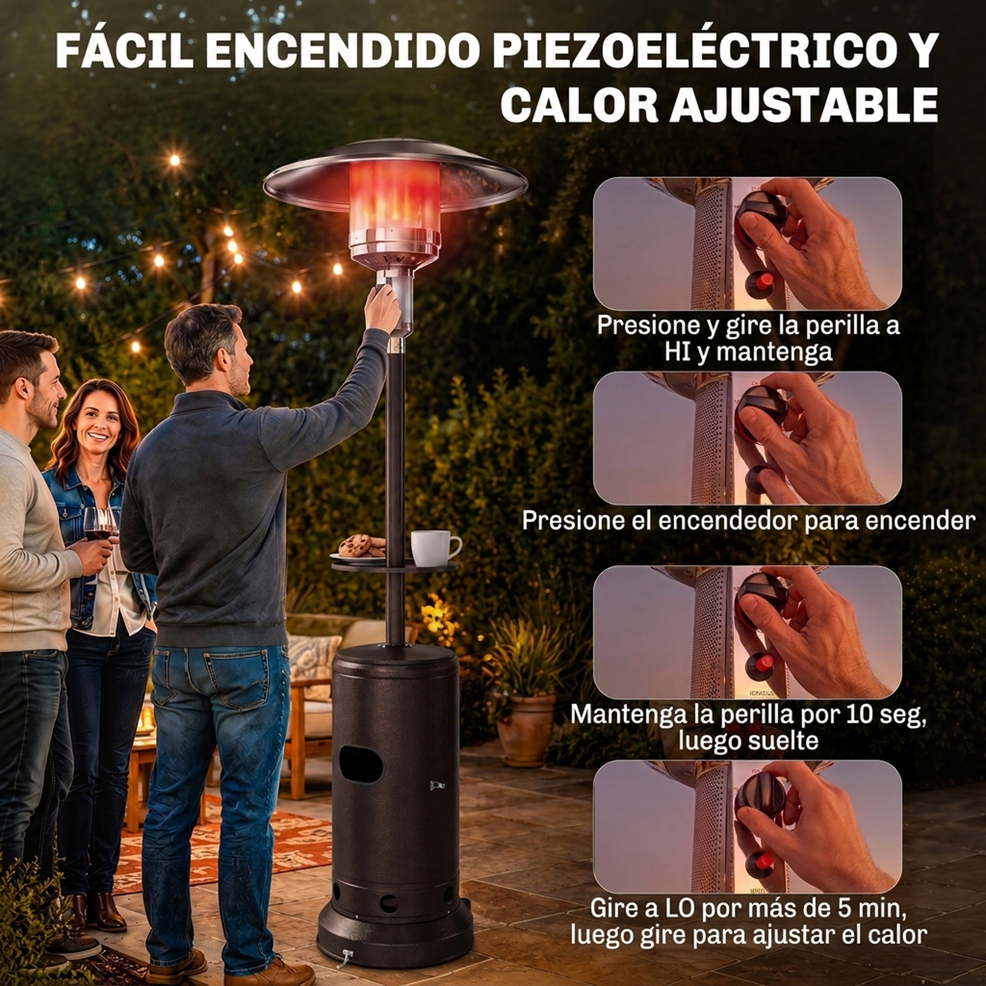 Estufa de Gas Butano 13 kW, Calefactor de Gas Terraza Exterior con Mesa Ø40 cm, Regulación Continua del Calor, Encendido Piezoeléctrico, Antivuelco y 2 Ruedas para Jardín, 30 m², Marrón