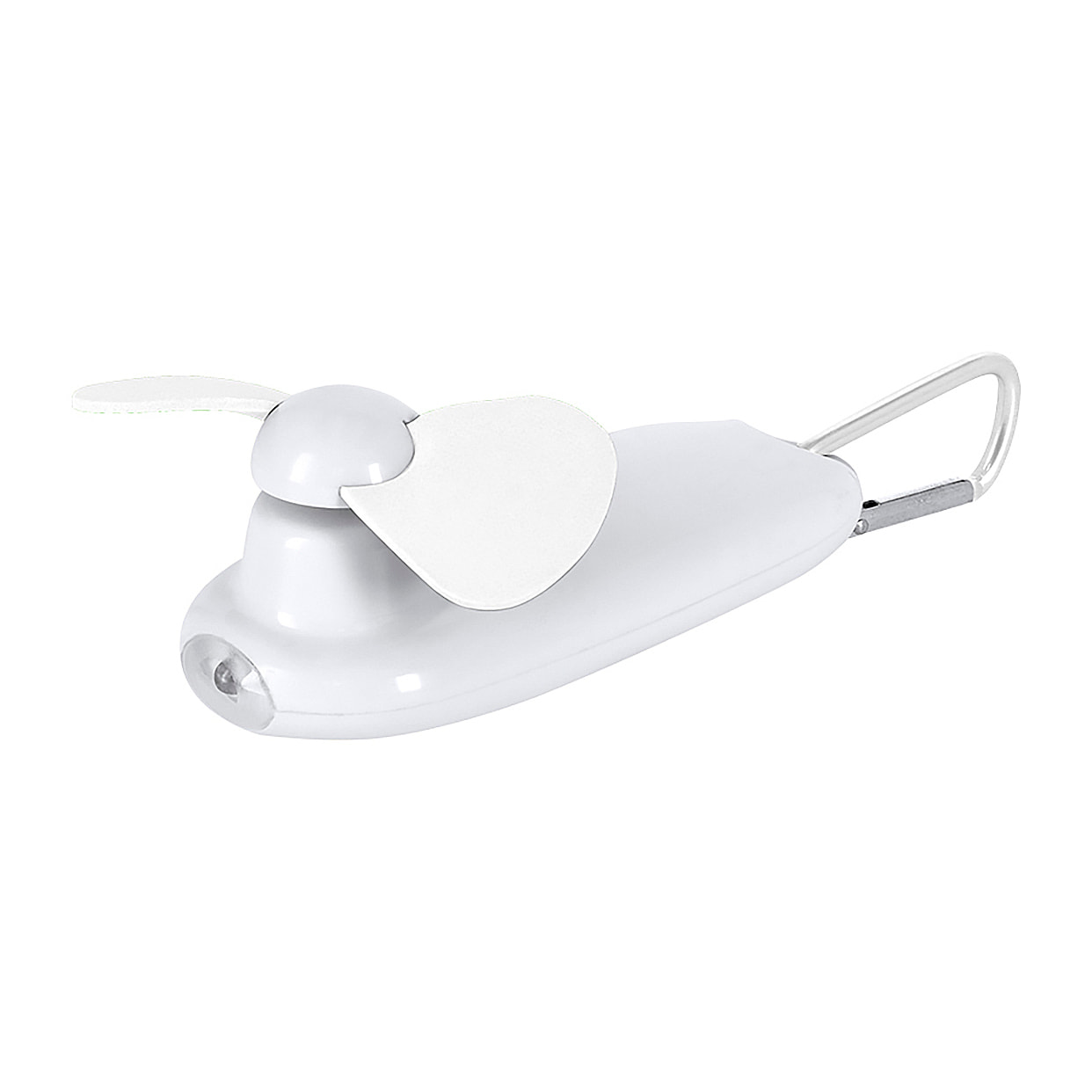 Ventilatore portatile con torcia LED integrata e moschettone per il trasporto.