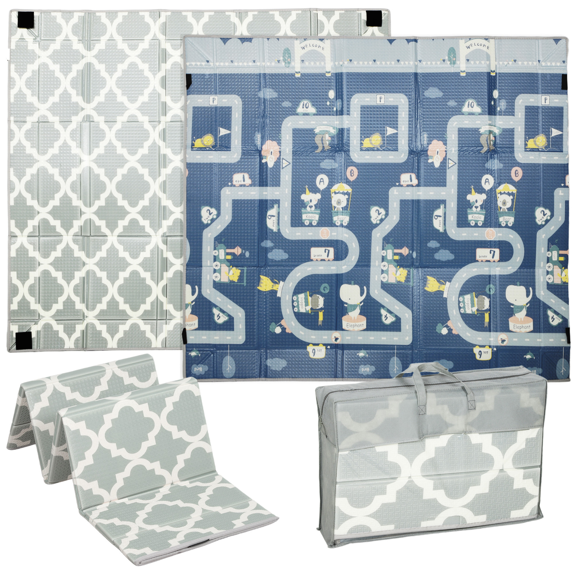 Tapis de jeu - tapis enfant pliable réversible - dim. 202 x 180 cm ép. 1 cm - circuit animaux