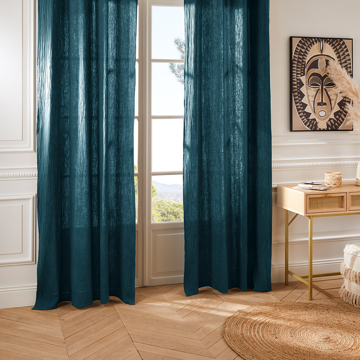 Rideau "Jamana" en coton 130x260cm bleu pétrole