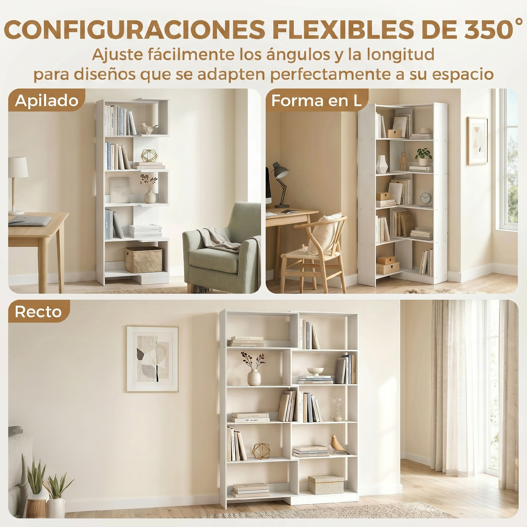 Estantería Expandible 5 Niveles, Librería para Libros Giratoria 350°, Ancho Ajustable, Convertible en en L, Recta o Compacta para Salón, Dormitorio, Estudio 111,5x23,8x163,7 cm Blanco