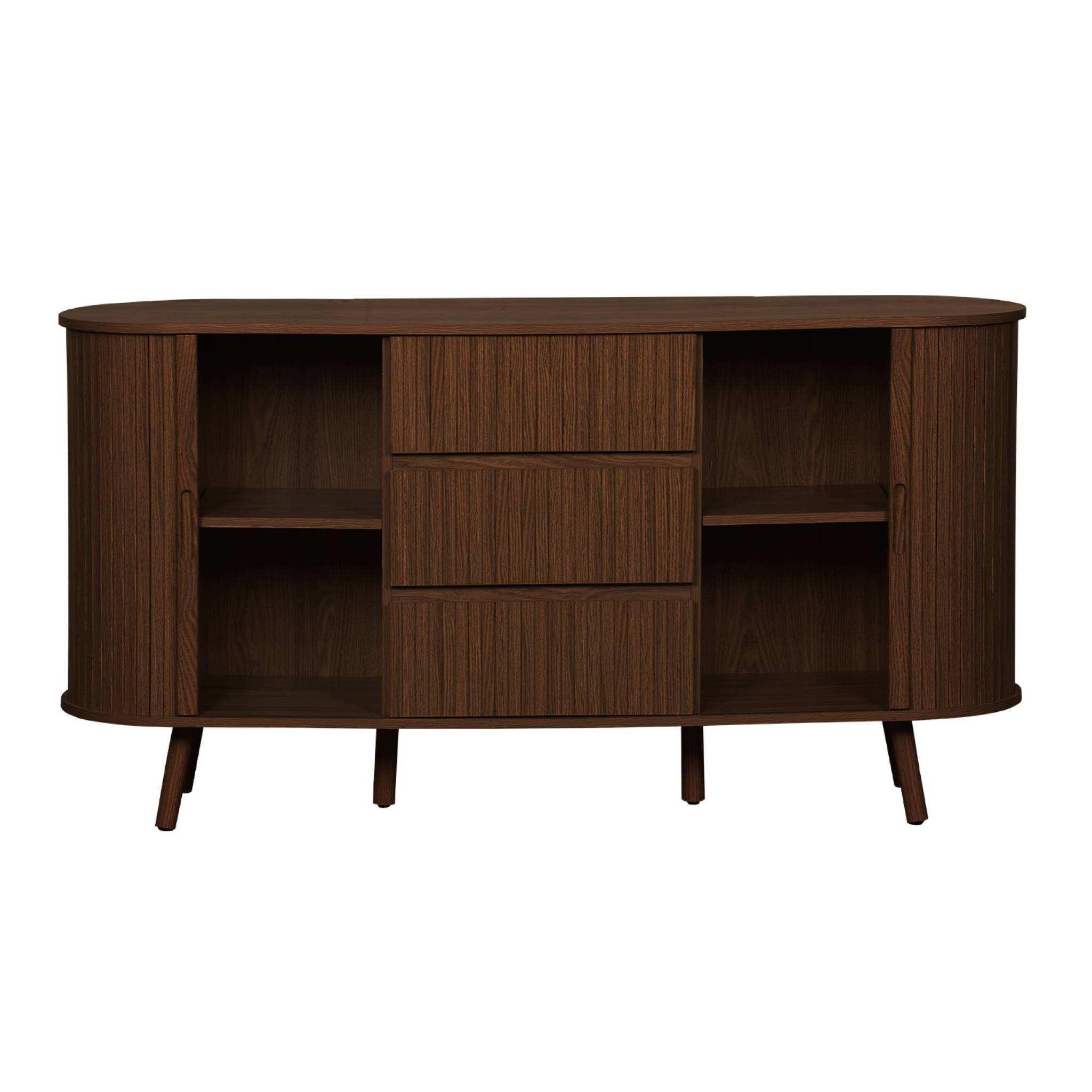 Buffet scandinave ovale 2 portes coulissantes. 4 compartiments. 3 tiroirs. effet bois rainuré. teinte noyer. L 150 x P 40 x H 79cm