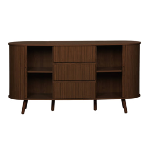Buffet scandinave ovale 2 portes coulissantes. 4 compartiments. 3 tiroirs. effet bois rainuré. teinte noyer. L 150 x P 40 x H 79cm