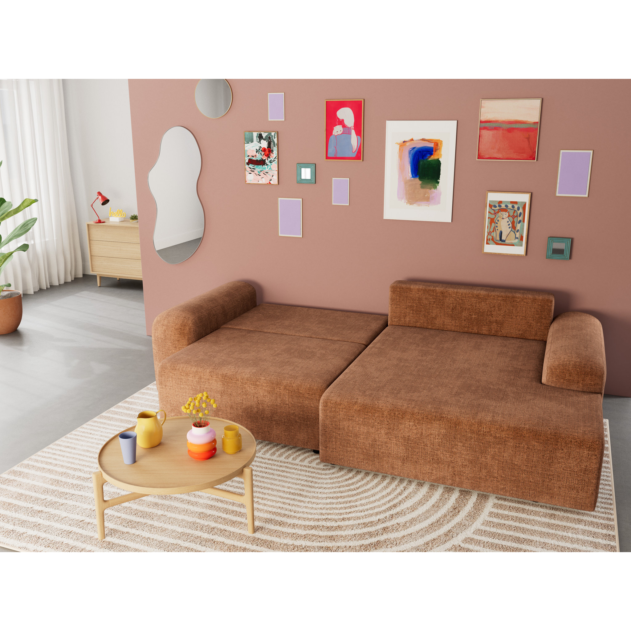 Rebecca - canapé d'angle droit 4 places convertible avec coffre en velours texturé - Rouille