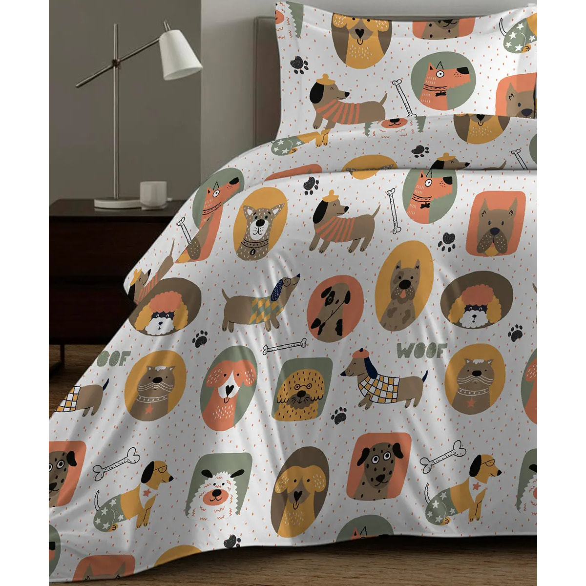 Parure Copripiumino Cani per letto singolo in 100% Cotone e Made in Italy, cagnolini divertenti