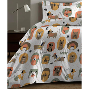 Parure Copripiumino Cani per letto singolo in 100% Cotone e Made in Italy, cagnolini divertenti