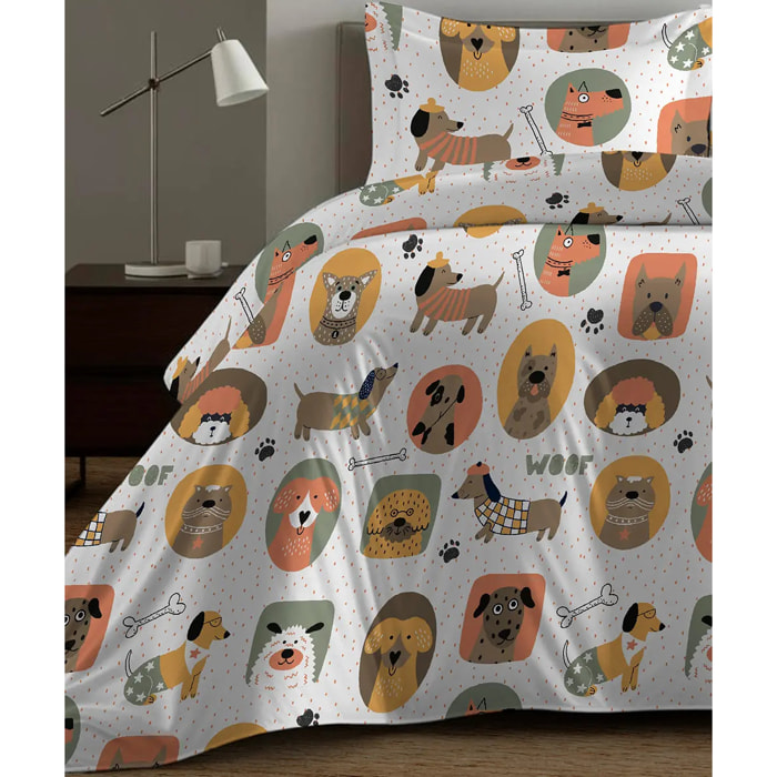 Parure Copripiumino Cani per letto singolo in 100% Cotone e Made in Italy, cagnolini divertenti