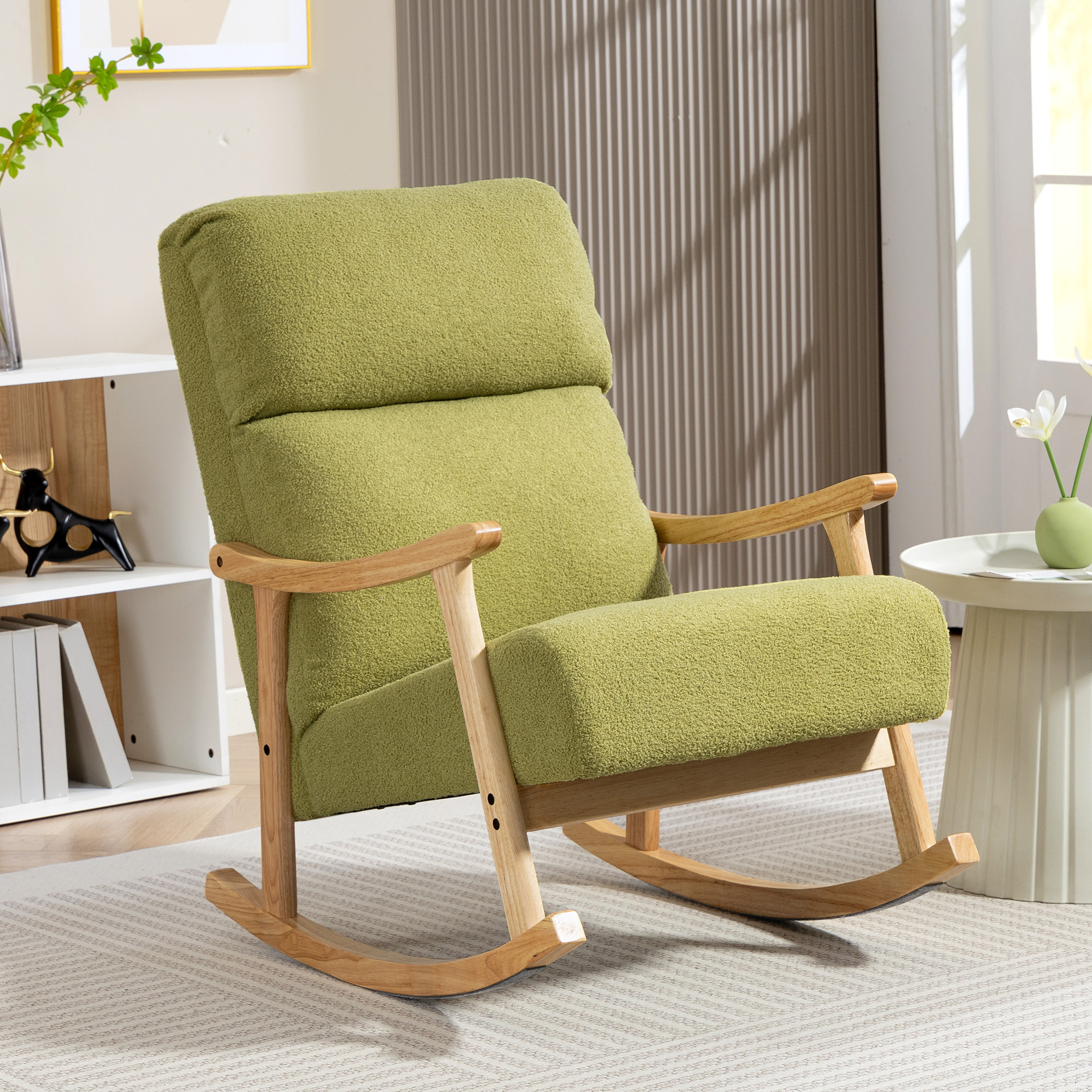 Silla Mecedora de Borreguito Moderna, Mecedora con Patas y Reposabrazos de Madera de Caucho, Respaldo Alto, Sillón de Lactancia Carga 120 kg, para Dormitorio, Salón