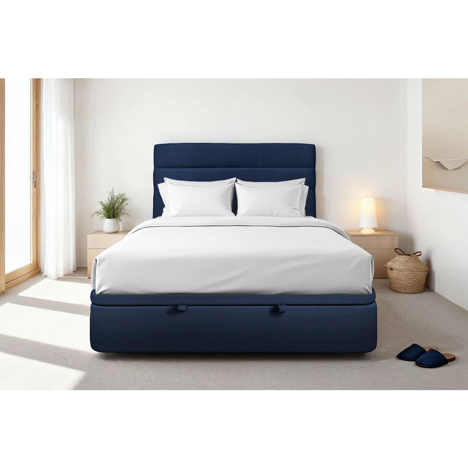 Lit avec sommier et tête de lit à lignes - Tissu velours au style chic - Adapté à tous les matelas, montage rapide - Esprit hôtel - Rangement XXL - Hauteur Totale : 39cm
