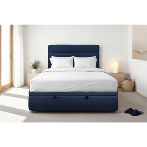 Lit avec sommier et tête de lit à lignes - Tissu velours au style chic - Adapté à tous les matelas, montage rapide - Esprit hôtel - Rangement XXL - Hauteur Totale : 39cm
