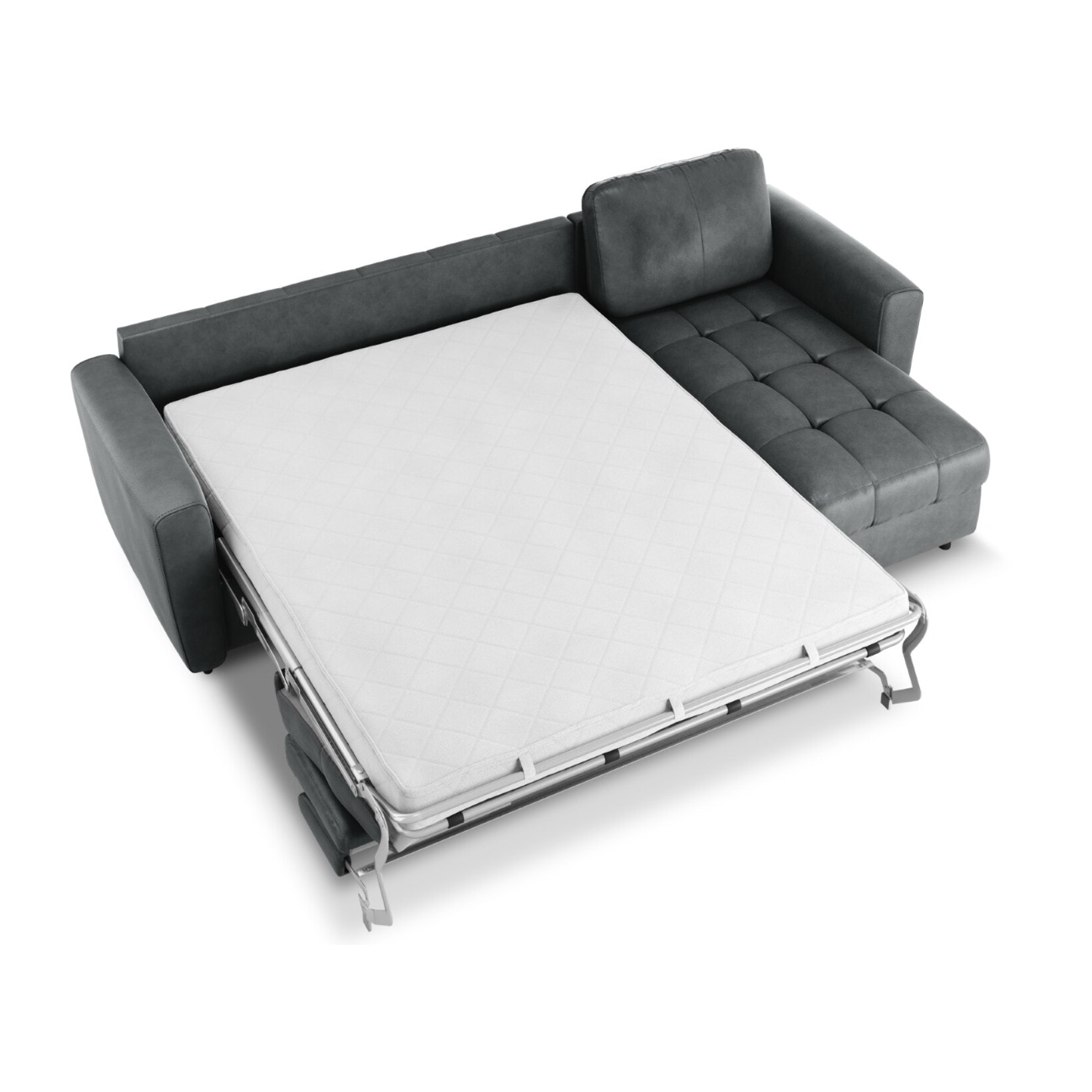 Canapé d'angle droit convertible "Audra" 4 places en cuir véritable bleu gris