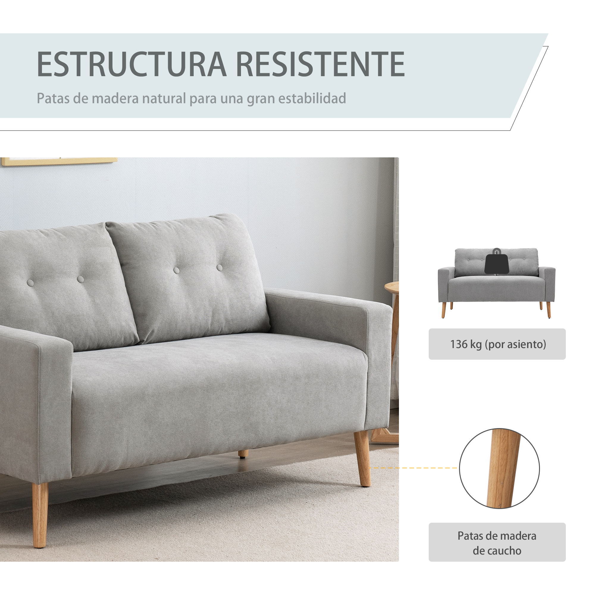 Sofá de 2 Plazas Sillón Moderno Tapizado en Poliéster con 2 Cojines Reposabrazos y Patas de Madera de Caucho para Dormitorio Oficina 145x76x88 cm Gris