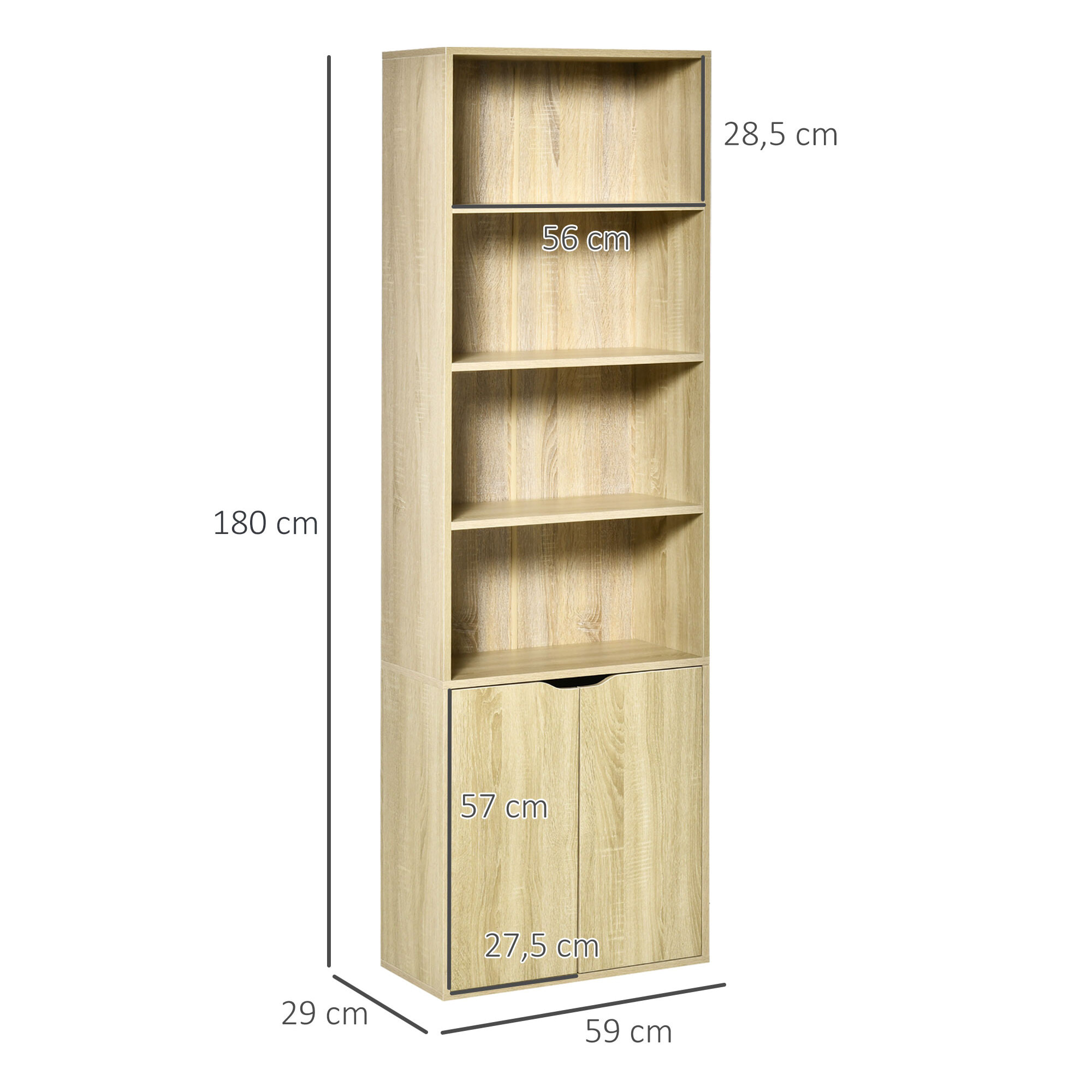 Bibliothèque 4 étagères armoire 2 portes dim. 59 x 29 x 180 cm effet bois clair