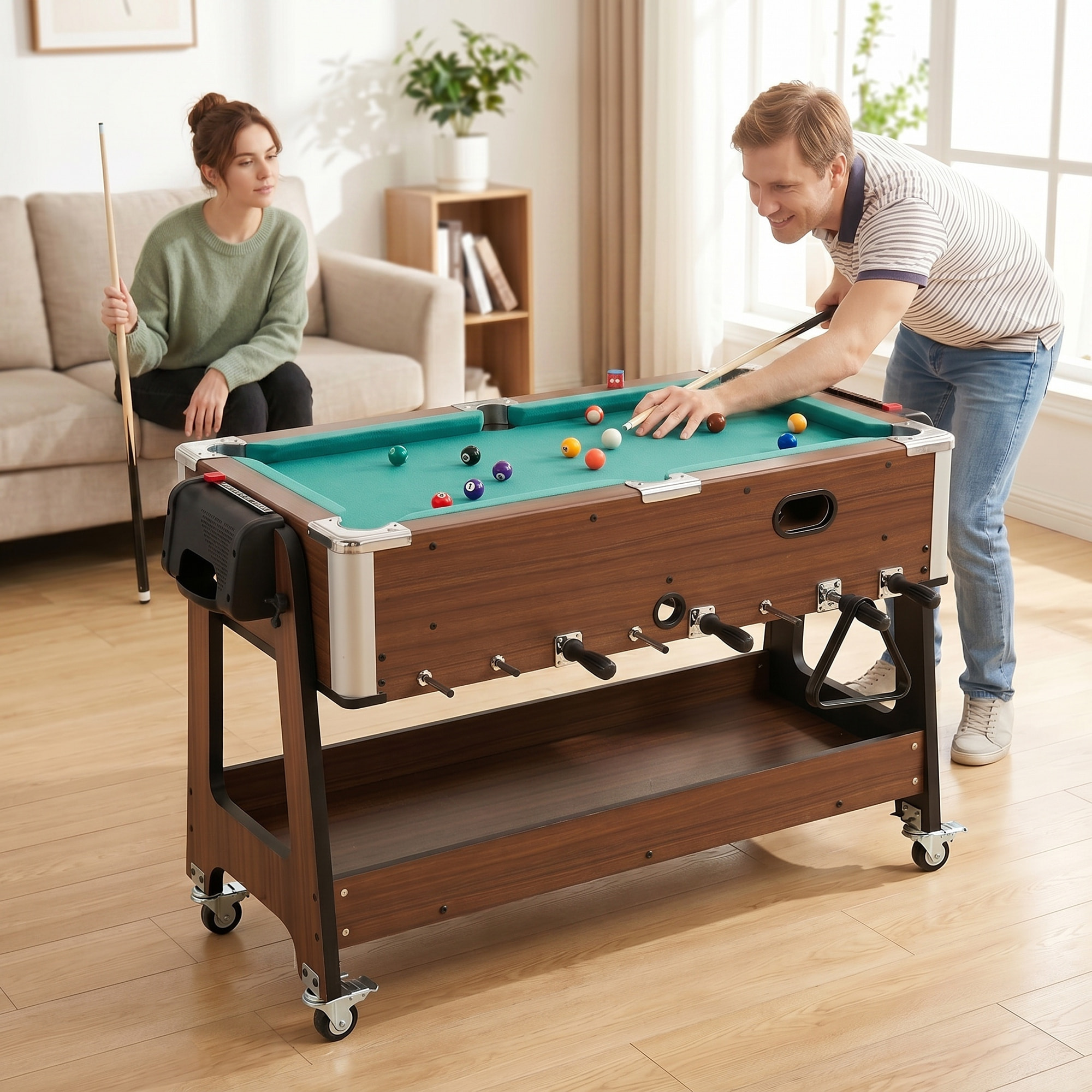 Mesa Multijuegos 3 en 1, Mesa de Juegos con 4 Ruedas con Freno, Estante de Almacenaje, Futbolines para Niños, Air Hockey, Billar y Accesorios, Diversión Familiar para Adultos y Niños, Nogal