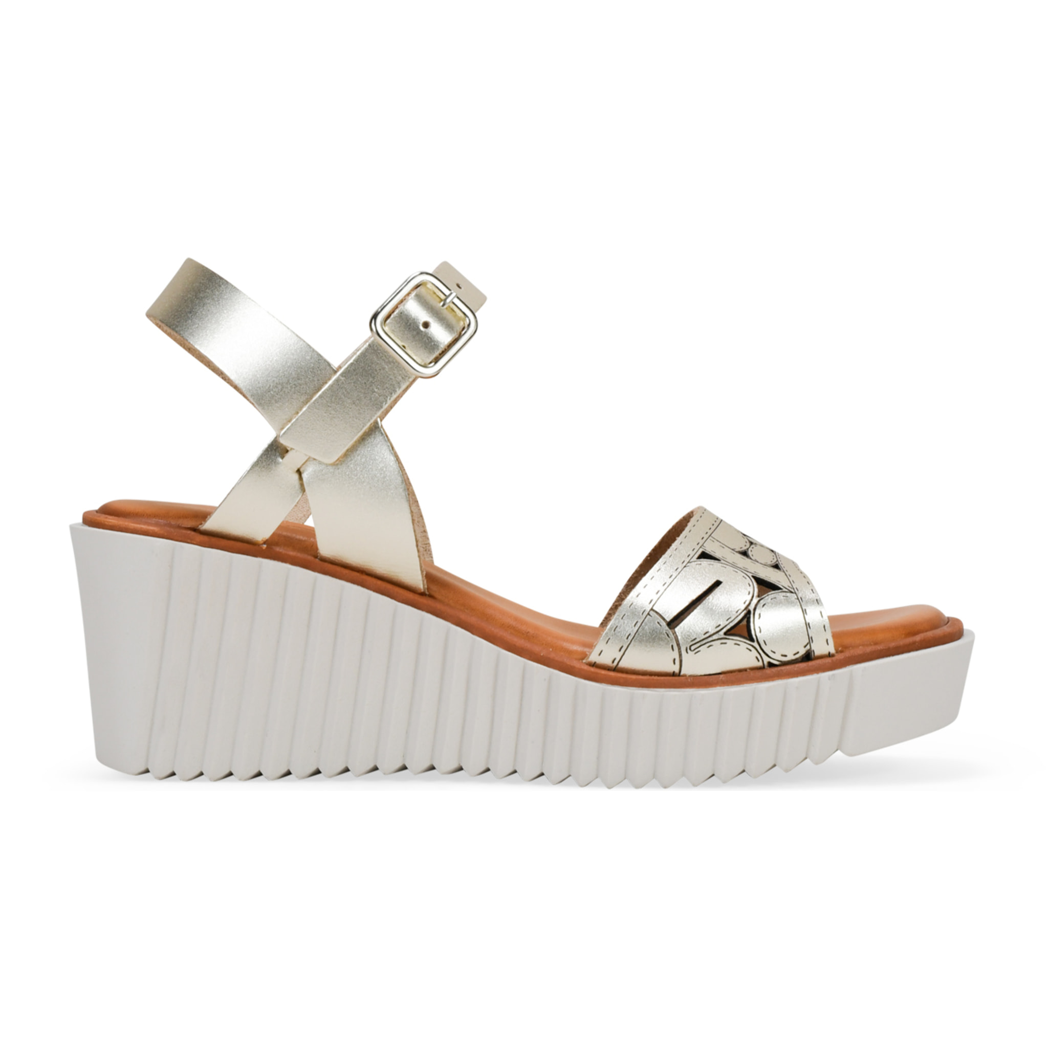 Sandalias de cuña doradas en piel con hebilla