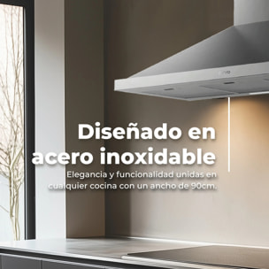 EVVO Campana Extractora CE25 Pyramid, Ancho 90 cm, Inox, 350 m³/h, 3 Velocidades, Luz LED, Filtro Carbón Activo, Acabado Inox, Eficiencia Energetica B